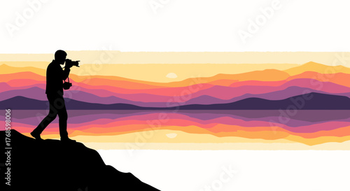 Silhouette photographer capturing stunning sunset over the lake with layered mountain scenery, creating vibrant landscape art, perfect for travel and adventure themes