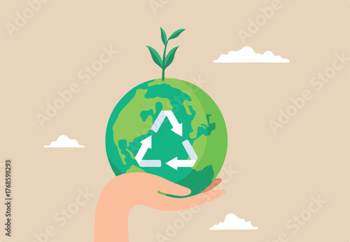 Flat illustration of hand hold green earth globe with recycle symbol sustainability renewable energy effort save world climate change global warming environmental safe