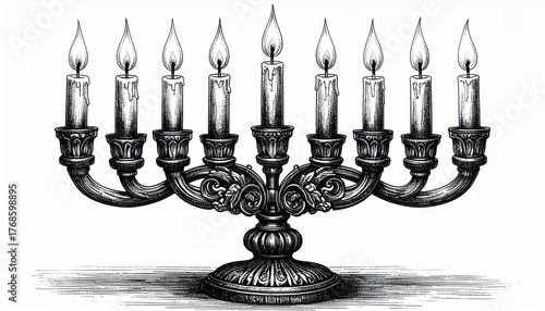 Ornate Metal Candelabra with Nine Lit Candles in Dark Sketch on White