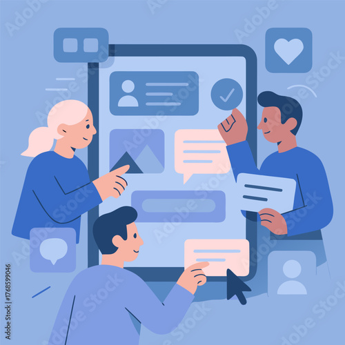 Digital teamwork and business collaboration, diverse creative people communicating and working together in modern workplace, project discussion and social network connection, flat vector illustration
