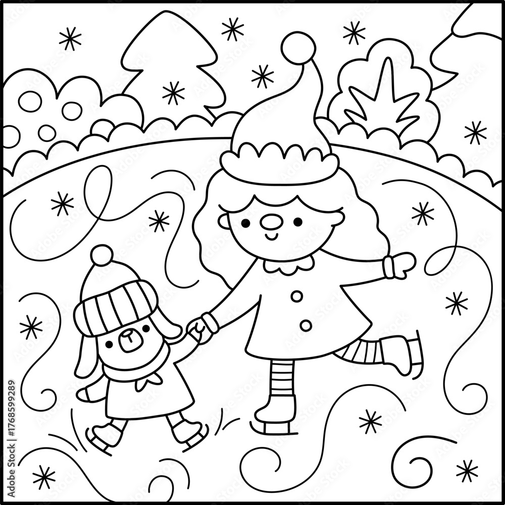 Fototapeta premium Vector black and white square Christmas village landscape. New Year night line scene with little dog. Winter holiday coloring page for kids with elf girl teaching puppy ice skating on rink