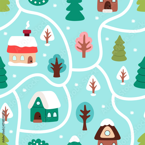 Vector New Year seamless pattern. Repeat background with Christmas village map. Cute festive digital paper for kids. Winter holiday texture with white road, path, house, trees, snowflakes