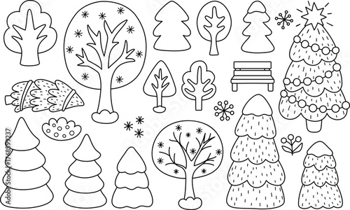 Vector black and white winter trees clipart set. Cute line Christmas tree collection. New Year snow covered plant and nature icons for kid.  Holiday park illustration, coloring page with spruces