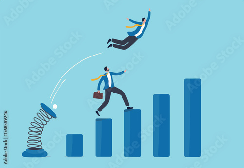 Competitive advantage or innovation to outsmart and overtake business winning, strategy or smart way to win business or career growth concept, businessman jumping springboard to outsmart competitor.