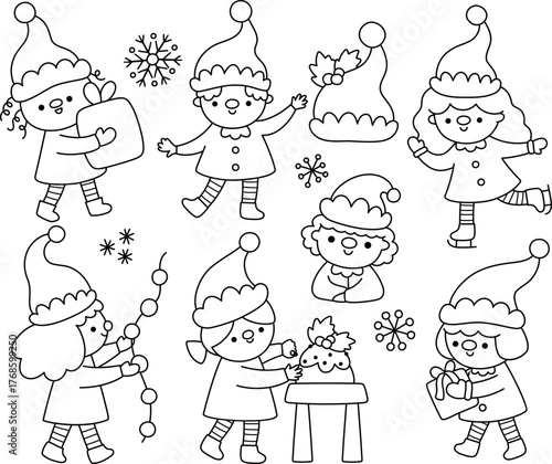Vector black and white Christmas elf clipart set. New Year elves line icons collection with cute fantasy creatures. Festive winter holiday dwarf illustrations, coloring page for kids