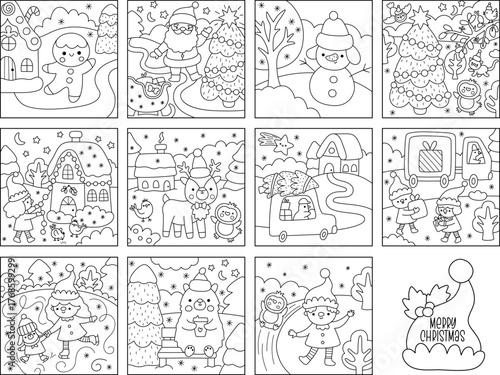 Vector black and white square Christmas village landscapes set. New Year line scenes collection with Santa Claus, elves, animals, birds. Festive winter holiday coloring page pack for kids