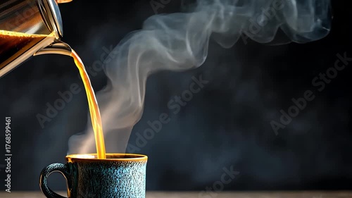 Hot coffee pouring into a textured mug creating steam and aromatic warmth on a wooden surface, 4k video