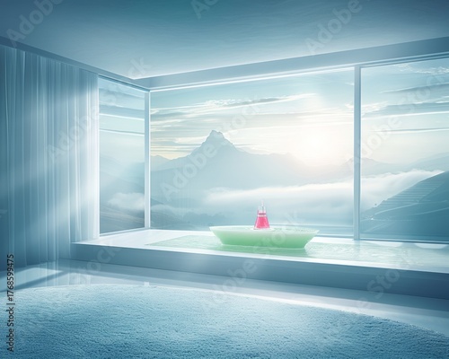 Tranquil Bathroom Oasis with Stunning Mountain View, Luxurious Spa Features, and Minimalist Design