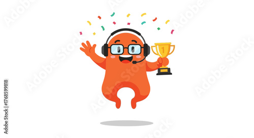 Orange cartoon character with headphones and glasses jumps happily holding a golden trophy, celebrating victory amidst falling confetti