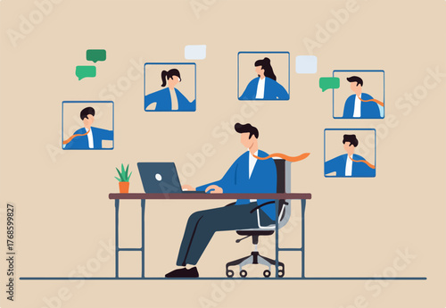 Flat illustration of recruiter conducting virtual interviews for remote job candidates