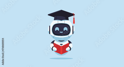 A charming cartoon robot wearing a graduation cap and holding an open book, symbolizing education and learning in the digital age