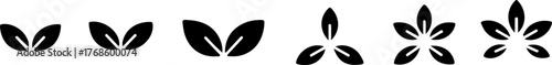 Varied leaf and petal arrangements in black silhouette on a white background in a linear sequence