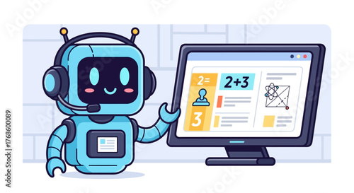 Illustration of a friendly robot presenter with a headset pointing towards a computer screen displaying educational content and geometric shapes, symbolizing learning and technology in an engaging way