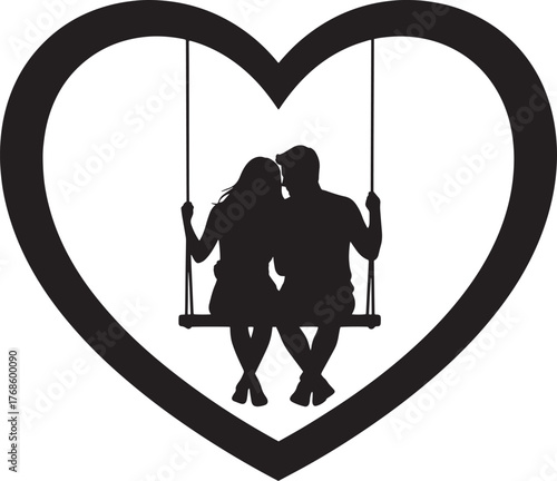 vector silhouette of a man and woman on a heart shaped swing, editable vector