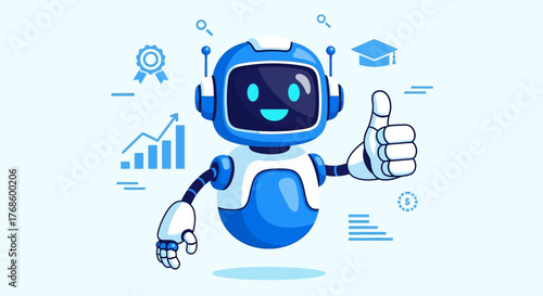 Robotic assistant giving a thumbs-up in a modern, high-tech setting with data charts and educational symbols