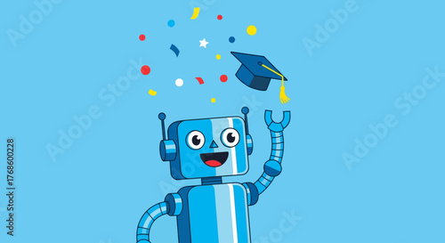 A cheerful blue robot celebrates graduation by tossing its cap in the air amidst a shower of confetti, symbolizing achievement and success in education and technology