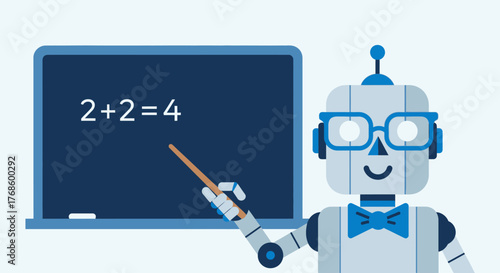 Robotic teacher pointing to a blackboard with mathematical equation 2+2=4, concept of AI in education