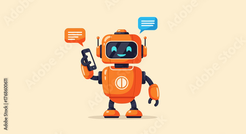 Friendly Orange Robot Character Holding a Smartphone and Communicating Through Speech Bubbles