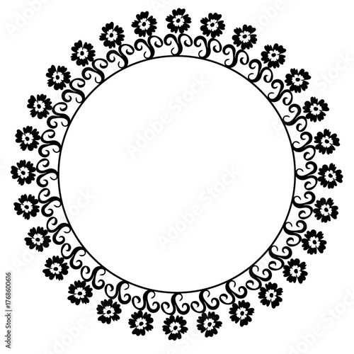 A hand-drawn black circular frame in doodle style, decorated with a floral pattern