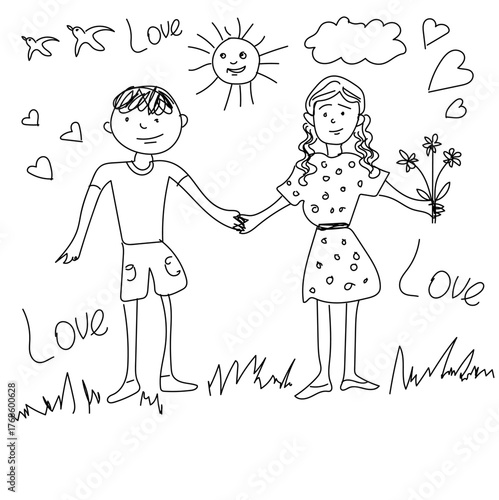 A hand-drawn doodle style drawing of a young man and woman in love