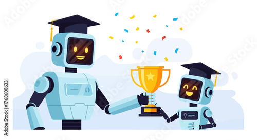 Robots celebrating victory and achievement with a trophy and graduation caps, symbolizing success in education and technology