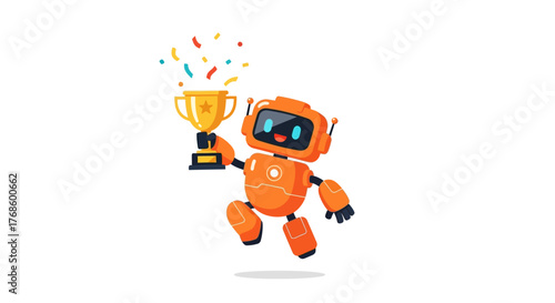Orange robot jumping in the air holding a golden trophy, celebrating a victory with confetti raining down