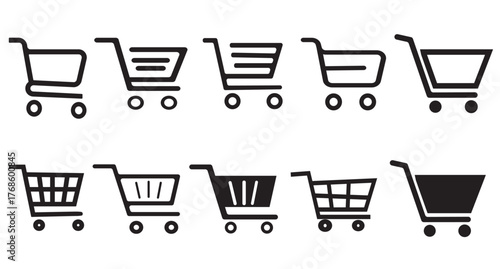 Collection of black and white line art shopping cart icons