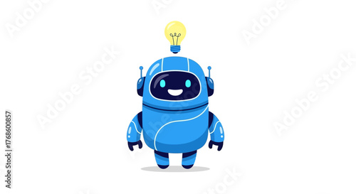 Blue Robot with Lightbulb on Head, Symbolizing Innovation, Ideas, and Artificial Intelligence