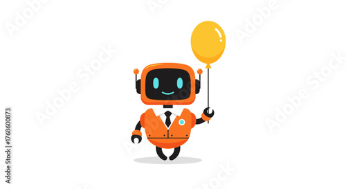 A cheerful orange robot character in a formal suit holding a yellow balloon, symbolizing fun and innovation