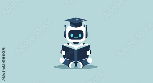 Robotic student wearing a graduation cap engrossed in reading a book, symbolizing education and artificial intelligence learning