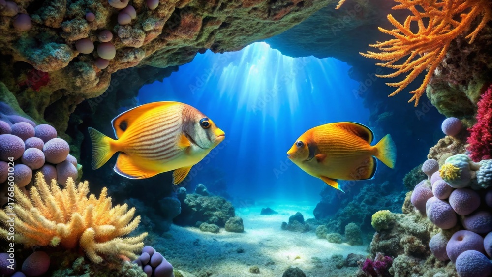 Naklejka premium Oceanic Cave Two Vibrant Fish Encounter in Sunlit Coral Reef Habitat