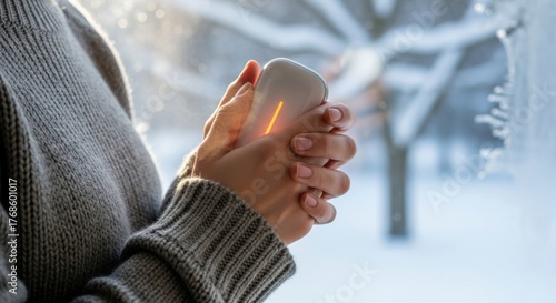 A person with light brown skin and long dark hair holds a white hand warmer. Snow is visible outside the window, creating a cozy winter atmosphere.
