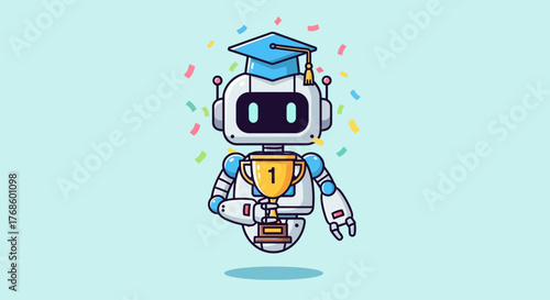Illustration of a robot wearing a graduation cap and holding a trophy, symbolizing AI achievement and success in technology
