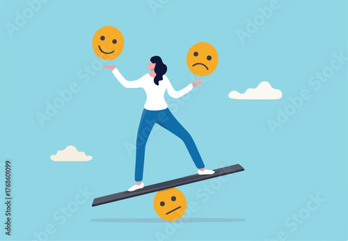 Emotional intelligence, balance emotion control feeling between work stressed or sadness and happy lifestyle concept, mindful calm woman using her hand to balance smile and sad face