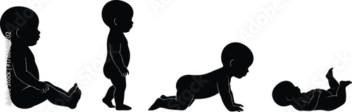 Baby movement silhouette, infant development stages, crawling sitting standing vector, black graphic icon, cad drawing flat vector illustration