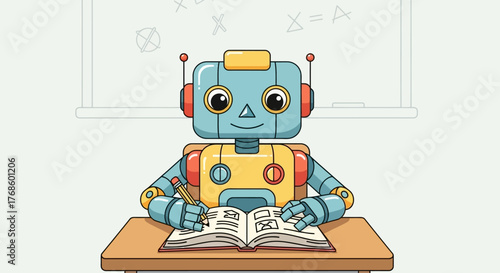 Cute robot student diligently studying at a desk with a book and pencil, an educational concept illustration