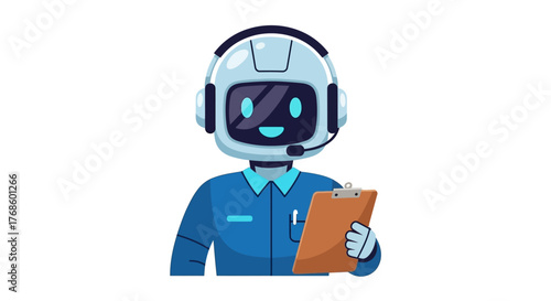 Friendly robot assistant with headset and clipboard, ready to help with customer service tasks