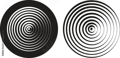 Black circular spiral abstract shape set, optical line art collection, geometric concentric circle group, hypnotic vortex round pattern, minimal flat vector design element bundle