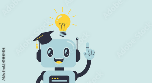 Innovative Robot with Graduation Cap and Glowing Light Bulb Symbolizing Knowledge and Artificial Intelligence Breakthrough