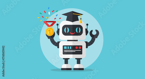 Robotic Intelligence Celebrated A Triumph of Innovation with Graduation Cap and Medal