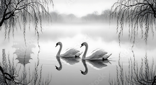 Fototapeta Naklejka Na Ścianę i Meble -  A serene black and white scene of two swans gliding on a misty lake, framed by weeping willows.