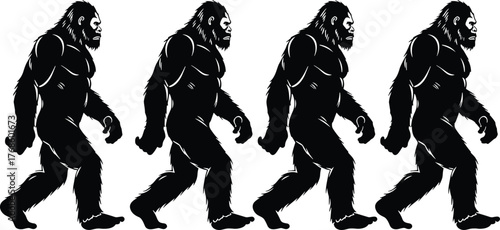 Bigfoot evolution silhouette, walking Sasquatch vector, cryptid creature icons, mythic ape illustration, cad drawing flat vector illustration