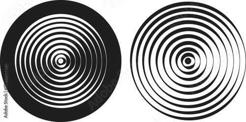 Black circular spiral abstract shape set, optical line art collection, geometric concentric circle group, hypnotic vortex round pattern, minimal flat vector design element bundle