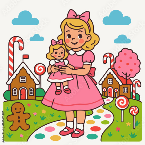 Cute girl in pink dress holding doll standing in candy land full of sweets houses and colorful fantasy scenery