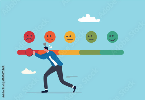 Dissatisfaction, dislike or negative feedback, angry customer or dissatisfied employee, angry review, disappointment rating or complaint concept, man pushing rating bar to dissatisfaction level