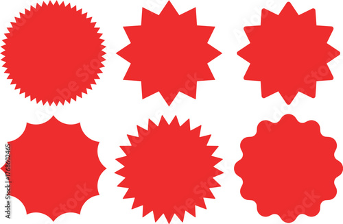 Circle sticker set. Wavy edge promo red badges. Star burst shape tags for price. Blank sale stickers. Simple silhouette. Flat vintage labels. Graphic illustration. Art & Illustration