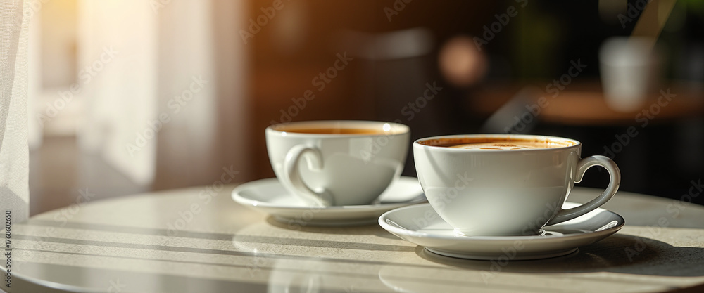 Fototapeta premium Two white coffee cups placed on a table by the window in warm light 