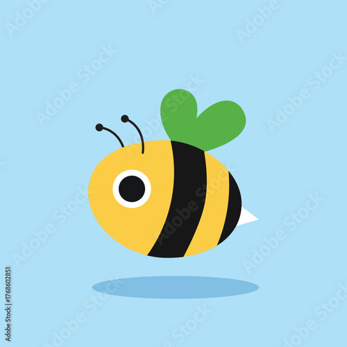 Cute Cartoon Bee Flat Design Vector minimalist illustration on bright blue background
