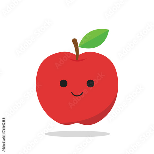 Cute Happy Red Apple Character Flat Vector Illustration smiling face, rosy cheeks, and a green leaf