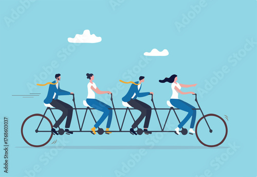 Teamwork working together for success, togetherness or cooperation, collaboration or support other to win together concept, business people employees on tandem bicycle forward metaphor of teamwork